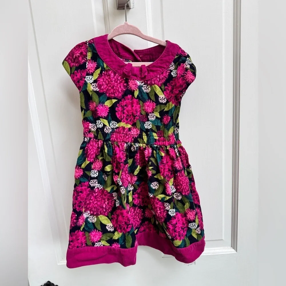 Gymboree 4T Girls Vibrant Pink and Green Floral Corduroy Short Sleeve Dress